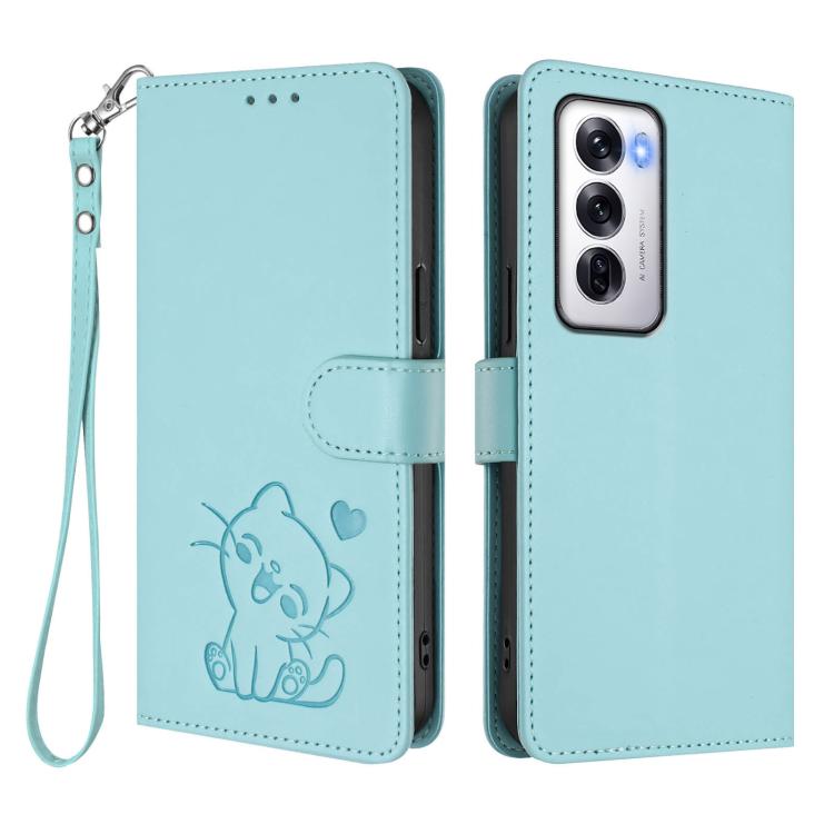 For OPPO Reno12 5G Global Embossed Heart Cat Leather Phone Case with Hand Strap