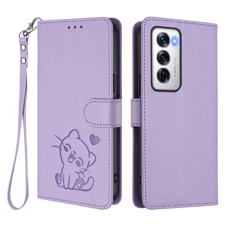 For OPPO Reno12 5G Global Embossed Heart Cat Leather Phone Case with Hand Strap