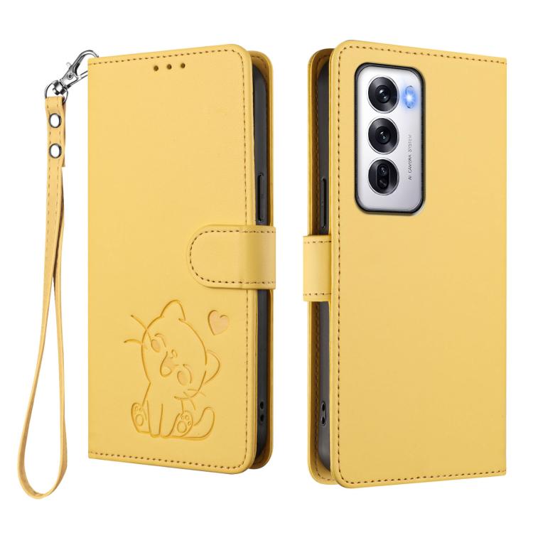 For OPPO Reno12 5G Global Embossed Heart Cat Leather Phone Case with Hand Strap
