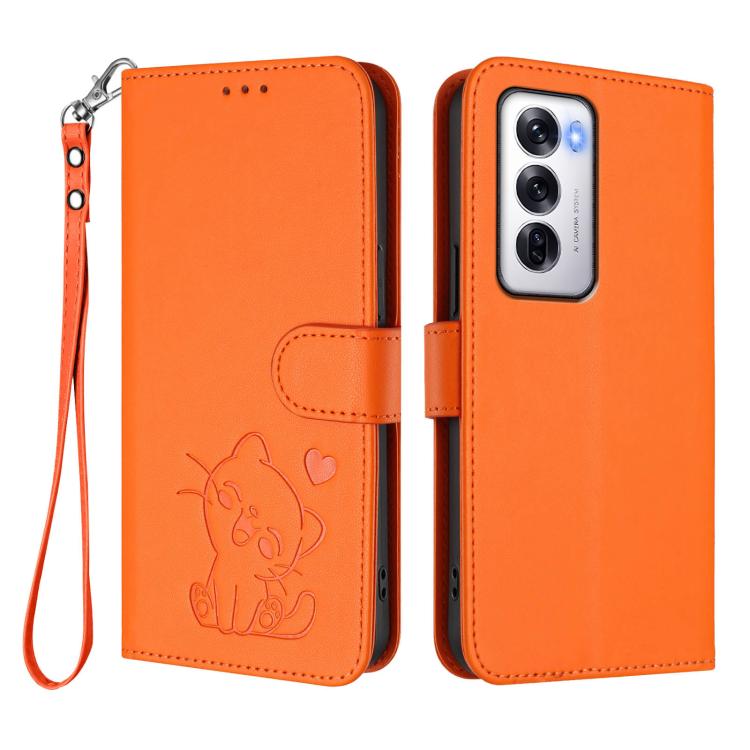 For OPPO Reno12 5G Global Embossed Heart Cat Leather Phone Case with Hand Strap