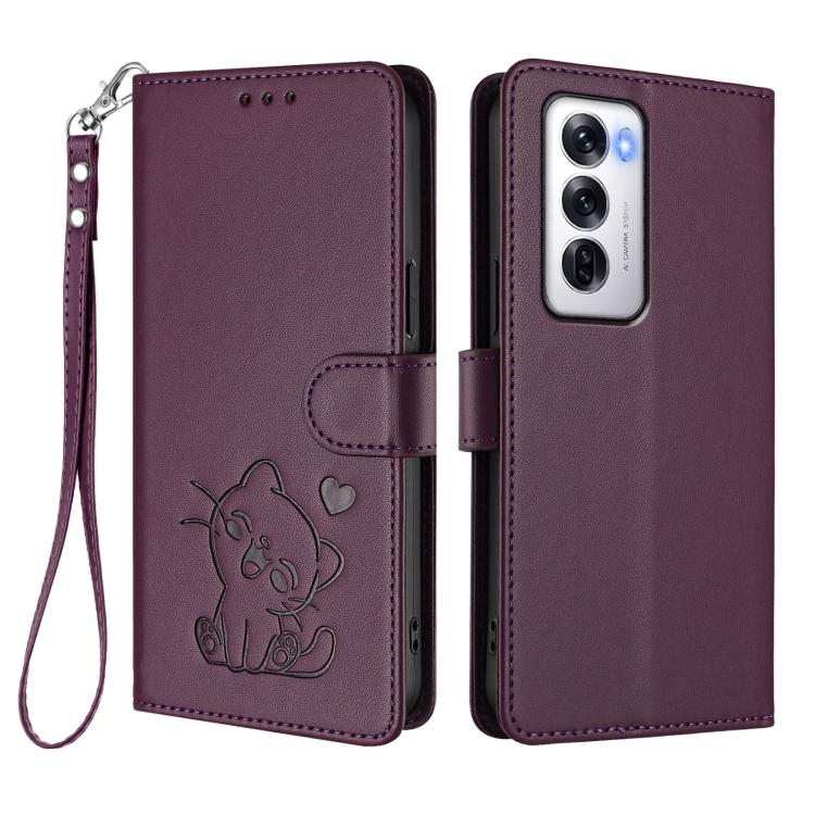 For OPPO Reno12 5G Global Embossed Heart Cat Leather Phone Case with Hand Strap