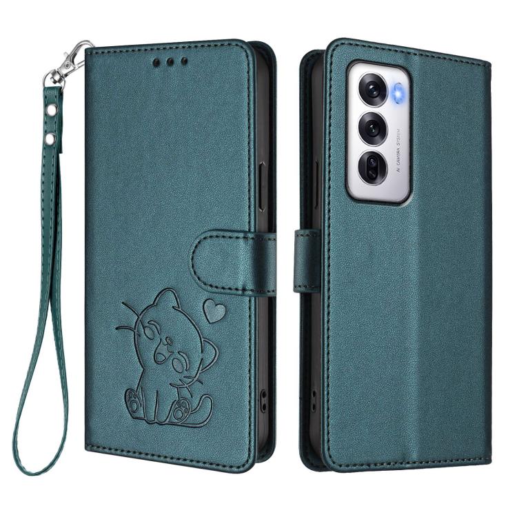 For OPPO Reno12 5G Global Embossed Heart Cat Leather Phone Case with Hand Strap