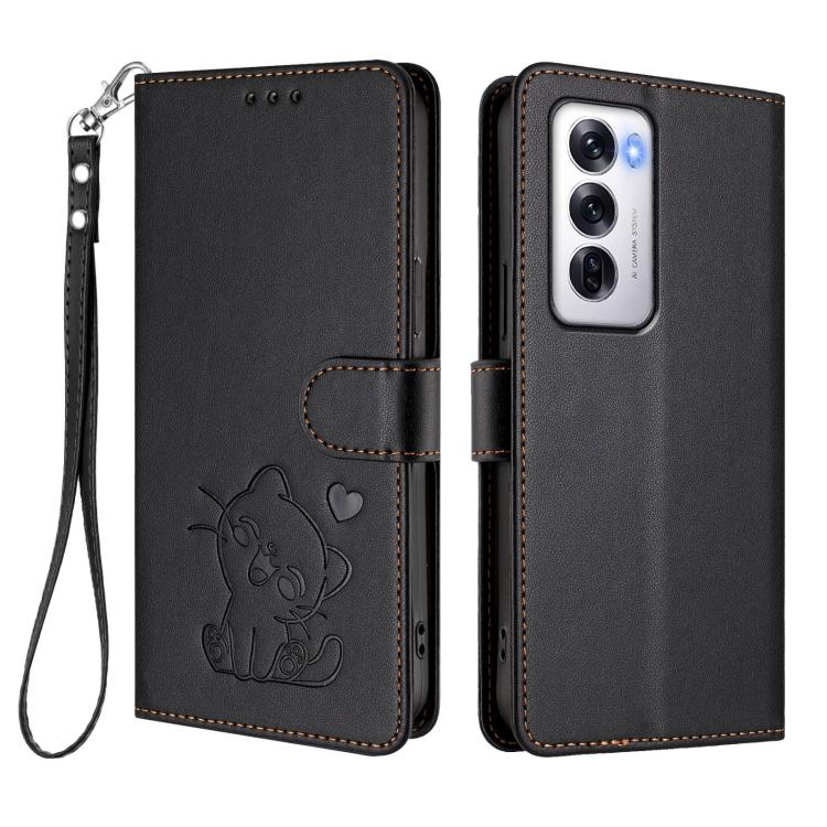 For OPPO Reno12 5G Global Embossed Heart Cat Leather Phone Case with Hand Strap