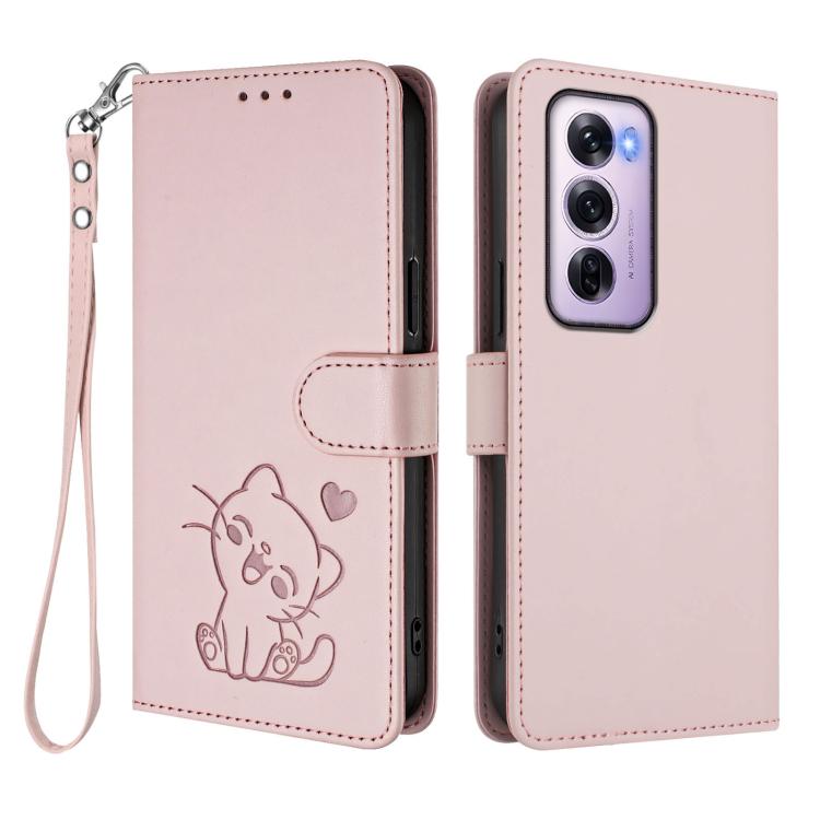 For OPPO Reno12 Pro 5G Global Embossed Heart Cat Leather Phone Case with Hand Strap