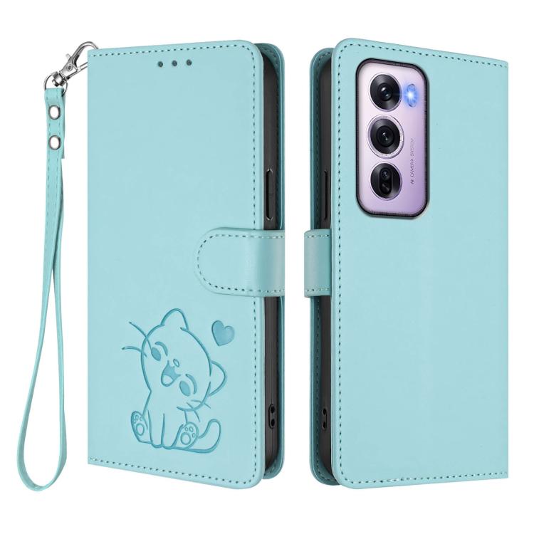 For OPPO Reno12 Pro 5G Global Embossed Heart Cat Leather Phone Case with Hand Strap