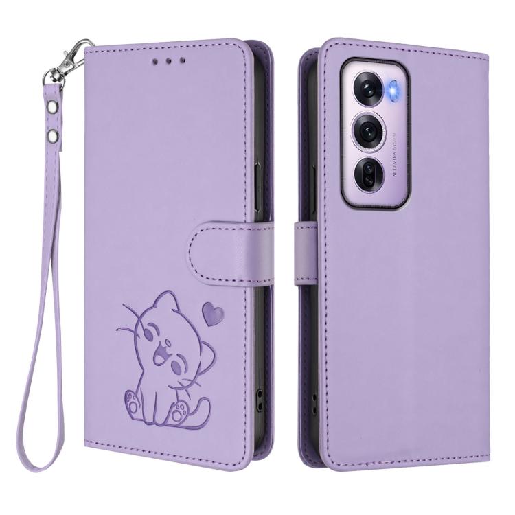 For OPPO Reno12 Pro 5G Global Embossed Heart Cat Leather Phone Case with Hand Strap