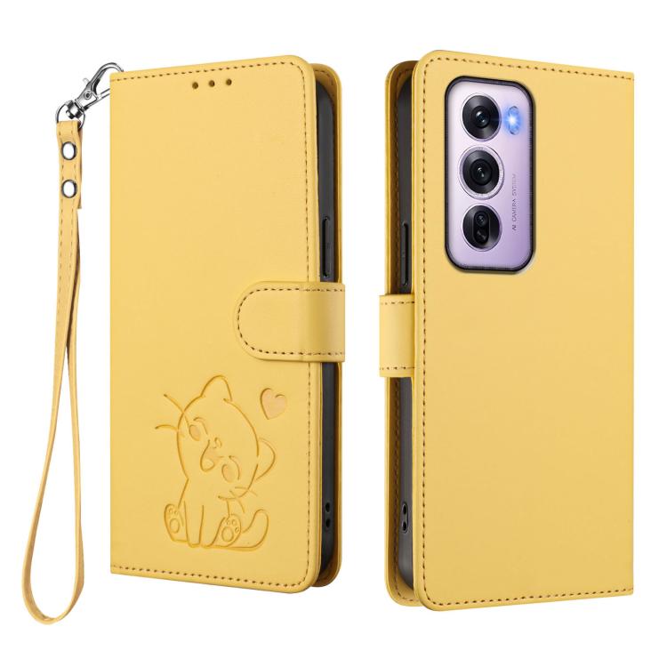 For OPPO Reno12 Pro 5G Global Embossed Heart Cat Leather Phone Case with Hand Strap