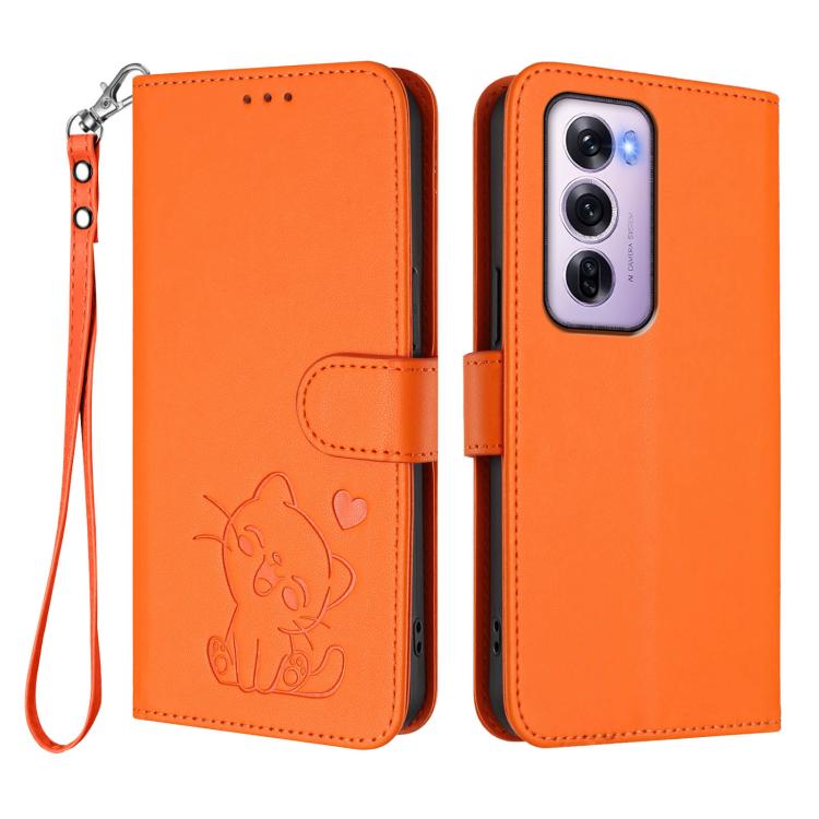For OPPO Reno12 Pro 5G Global Embossed Heart Cat Leather Phone Case with Hand Strap