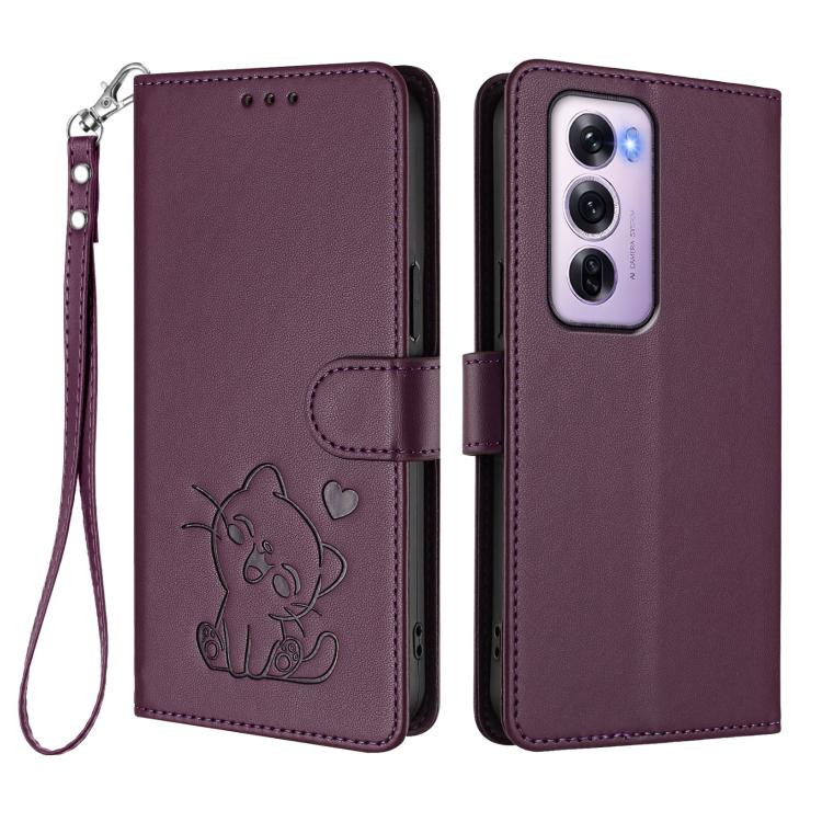 For OPPO Reno12 Pro 5G Global Embossed Heart Cat Leather Phone Case with Hand Strap