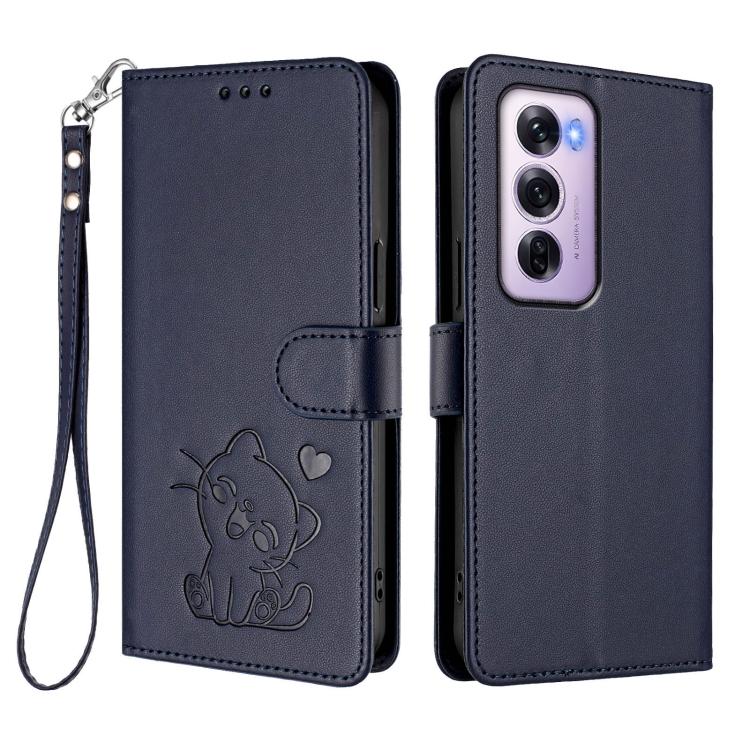For OPPO Reno12 Pro 5G Global Embossed Heart Cat Leather Phone Case with Hand Strap