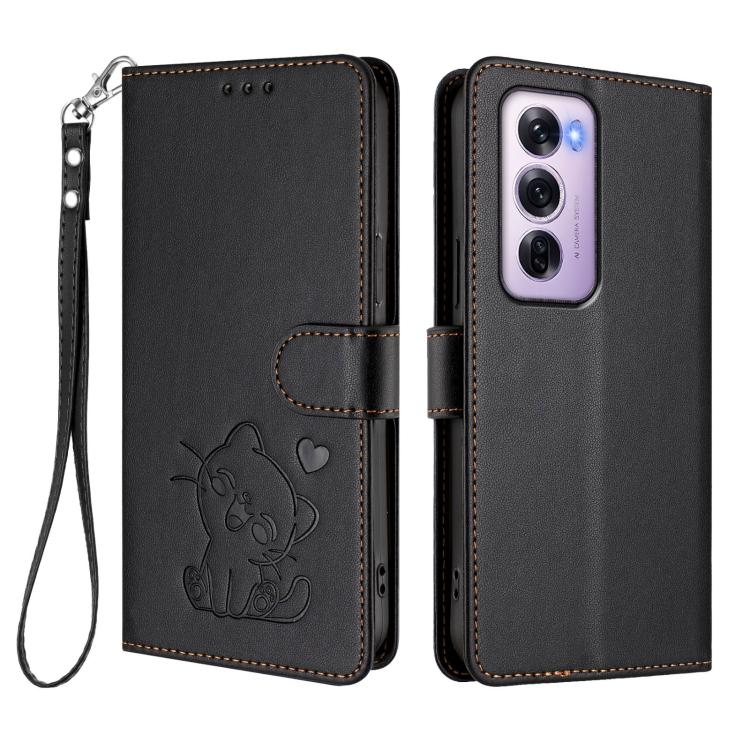 For OPPO Reno12 Pro 5G Global Embossed Heart Cat Leather Phone Case with Hand Strap