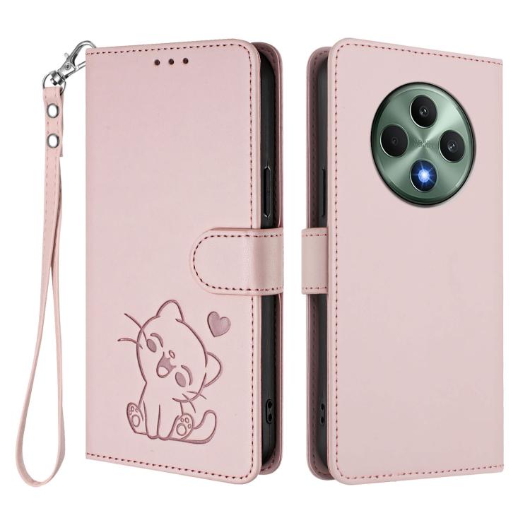 For OPPO Reno12 F 5G / 4G Embossed Heart Cat Leather Phone Case with Hand Strap