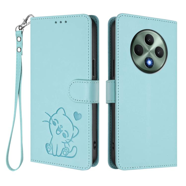 For OPPO Reno12 F 5G / 4G Embossed Heart Cat Leather Phone Case with Hand Strap