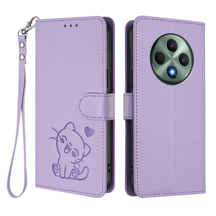 For OPPO Reno12 F 5G / 4G Embossed Heart Cat Leather Phone Case with Hand Strap