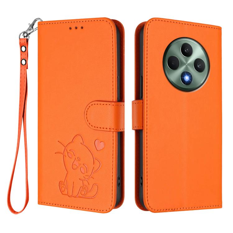 For OPPO Reno12 F 5G / 4G Embossed Heart Cat Leather Phone Case with Hand Strap
