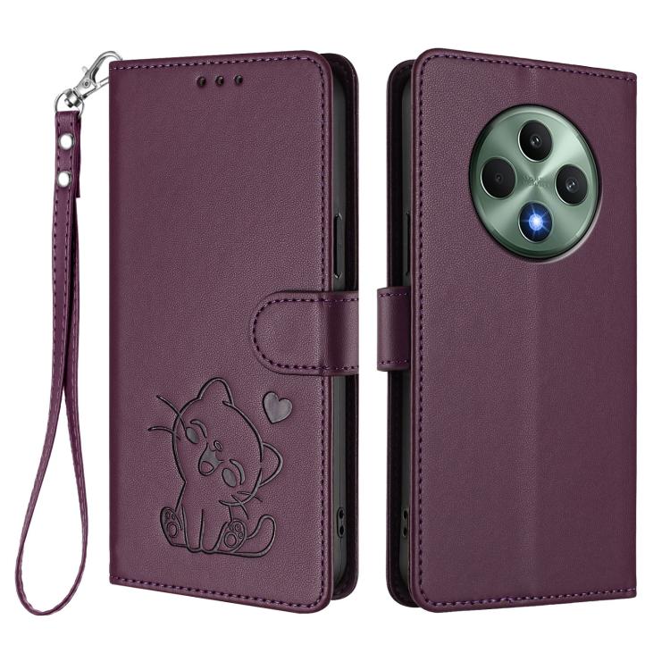 For OPPO Reno12 F 5G / 4G Embossed Heart Cat Leather Phone Case with Hand Strap