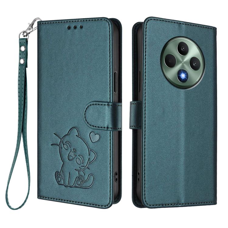 For OPPO Reno12 F 5G / 4G Embossed Heart Cat Leather Phone Case with Hand Strap