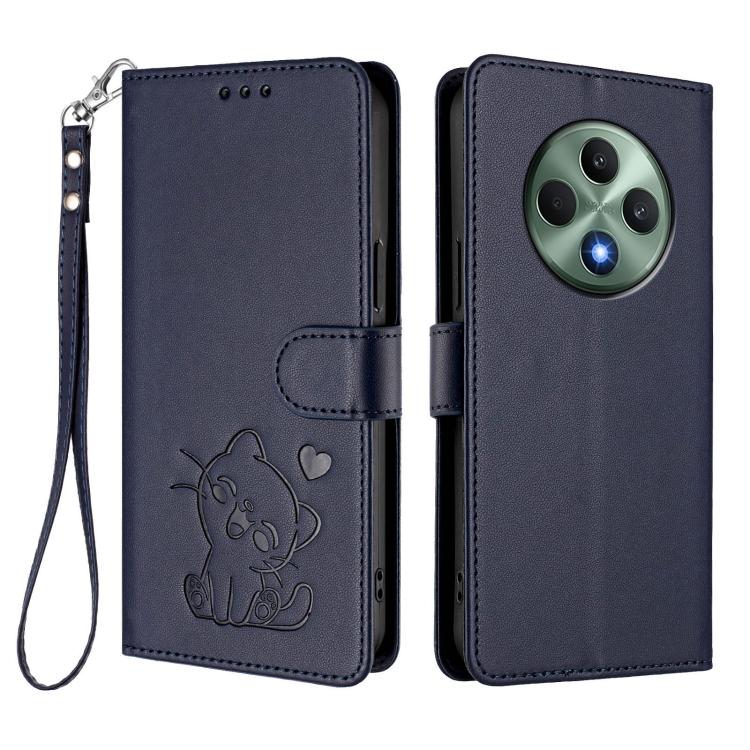 For OPPO Reno12 F 5G / 4G Embossed Heart Cat Leather Phone Case with Hand Strap