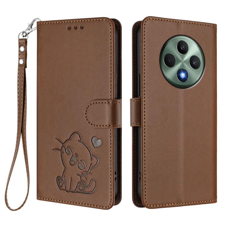 For OPPO Reno12 F 5G / 4G Embossed Heart Cat Leather Phone Case with Hand Strap
