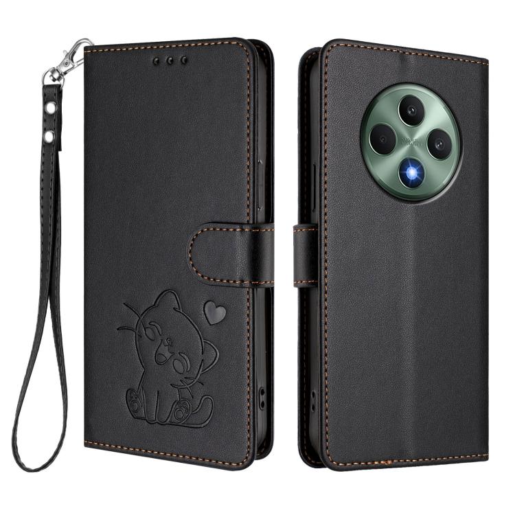 For OPPO Reno12 F 5G / 4G Embossed Heart Cat Leather Phone Case with Hand Strap