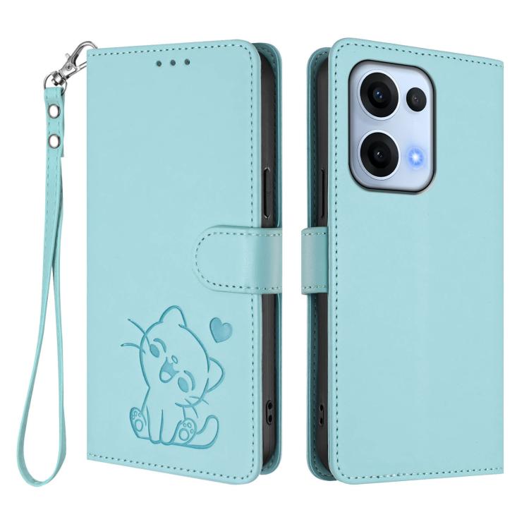 For OPPO Reno13 5G Global Embossed Heart Cat Leather Phone Case with Hand Strap