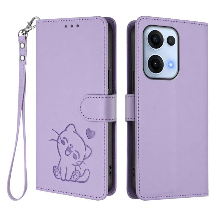 For OPPO Reno13 5G Global Embossed Heart Cat Leather Phone Case with Hand Strap