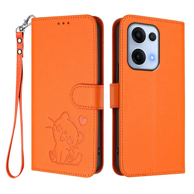 For OPPO Reno13 5G Global Embossed Heart Cat Leather Phone Case with Hand Strap