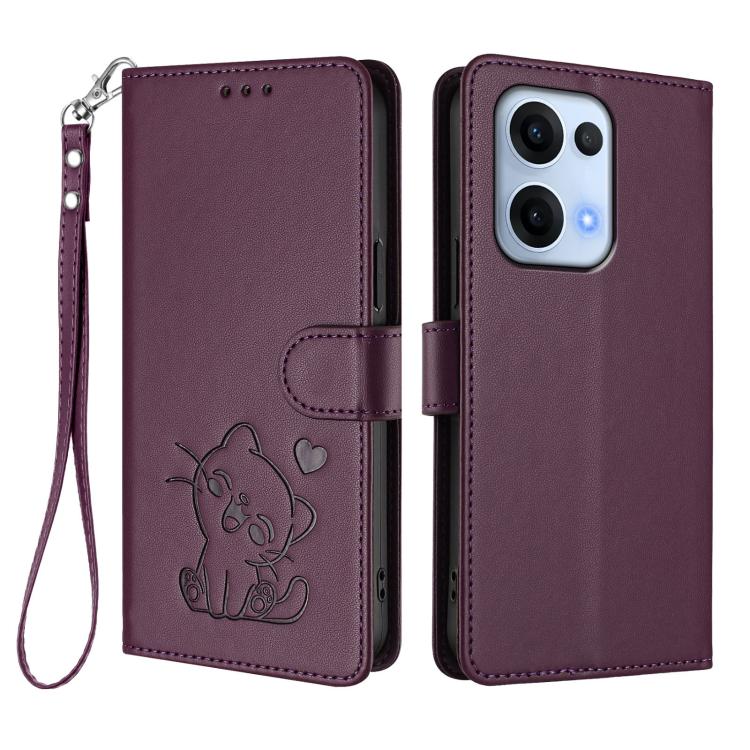 For OPPO Reno13 5G Global Embossed Heart Cat Leather Phone Case with Hand Strap