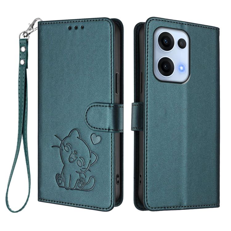 For OPPO Reno13 5G Global Embossed Heart Cat Leather Phone Case with Hand Strap