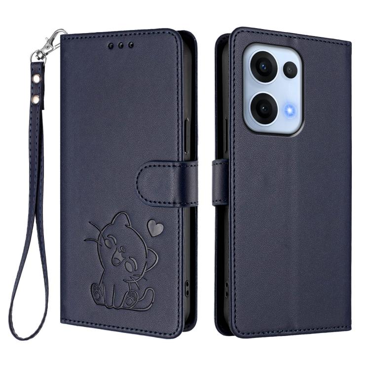 For OPPO Reno13 5G Global Embossed Heart Cat Leather Phone Case with Hand Strap