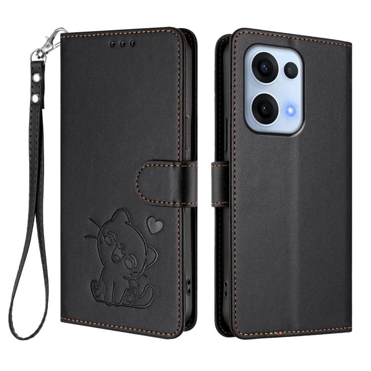 For OPPO Reno13 5G Global Embossed Heart Cat Leather Phone Case with Hand Strap