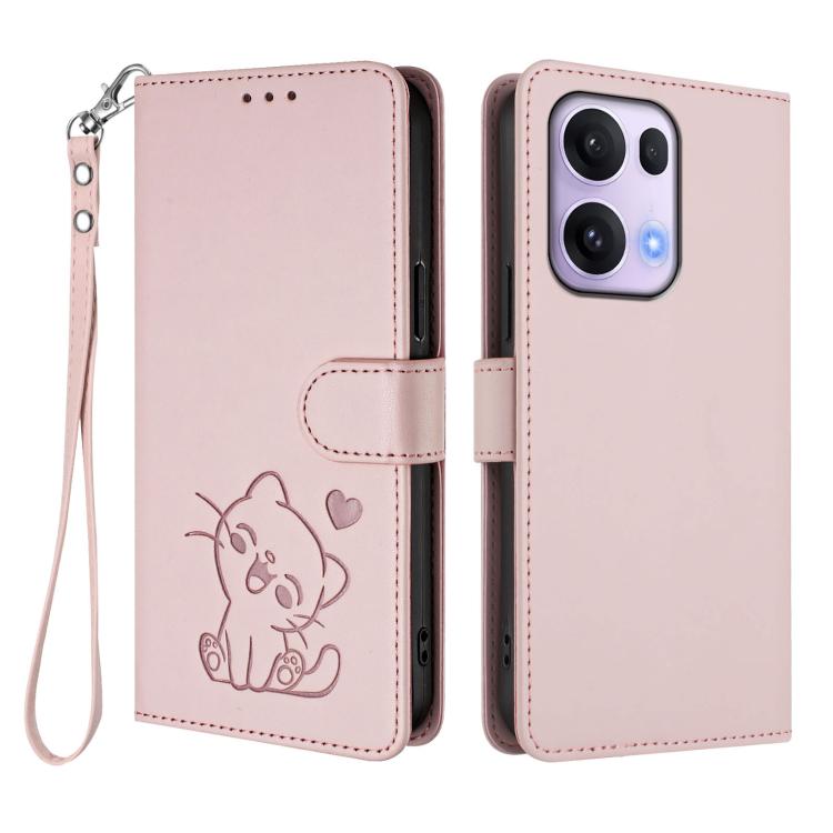 For OPPO Reno13 Pro 5G Global Embossed Heart Cat Leather Phone Case with Hand Strap
