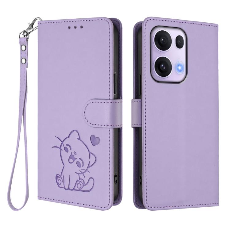 For OPPO Reno13 Pro 5G Global Embossed Heart Cat Leather Phone Case with Hand Strap
