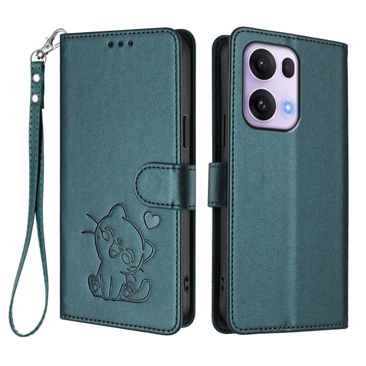 For OPPO Reno13 Pro 5G Global Embossed Heart Cat Leather Phone Case with Hand Strap