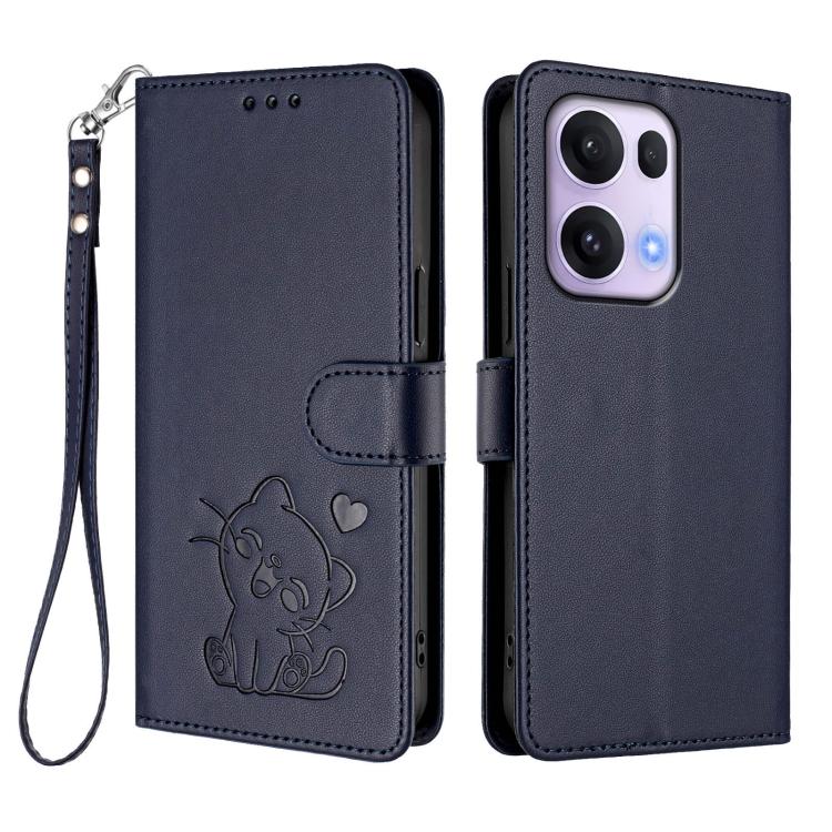 For OPPO Reno13 Pro 5G Global Embossed Heart Cat Leather Phone Case with Hand Strap