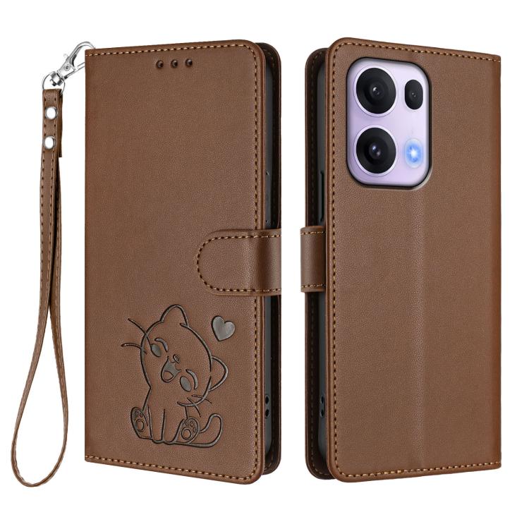 For OPPO Reno13 Pro 5G Global Embossed Heart Cat Leather Phone Case with Hand Strap