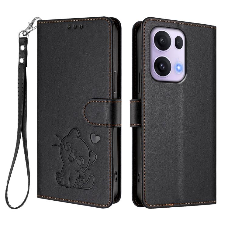 For OPPO Reno13 Pro 5G Global Embossed Heart Cat Leather Phone Case with Hand Strap