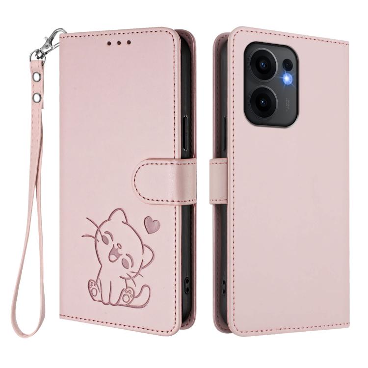 For OPPO Reno13 F 5G Global / 4G India Embossed Heart Cat Leather Phone Case with Hand Strap