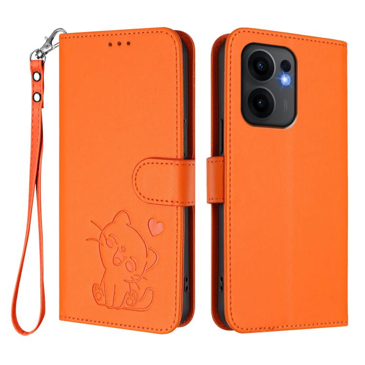 For OPPO Reno13 F 5G Global / 4G India Embossed Heart Cat Leather Phone Case with Hand Strap