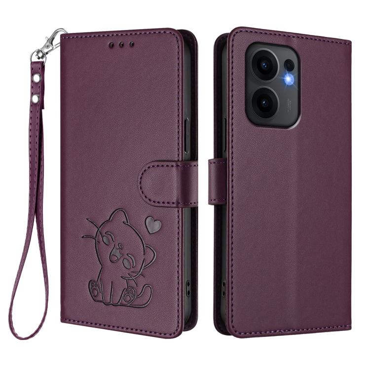 For OPPO Reno13 F 5G Global / 4G India Embossed Heart Cat Leather Phone Case with Hand Strap