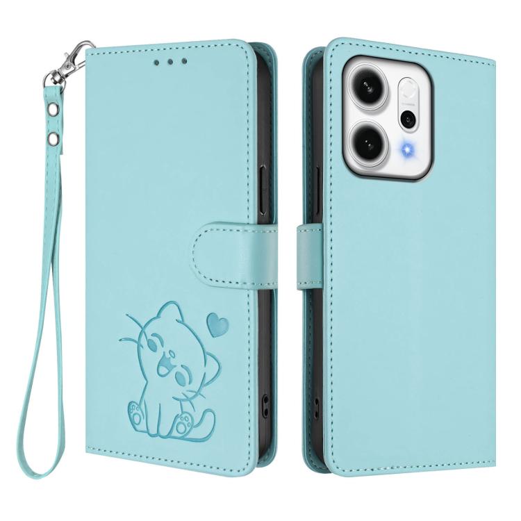 For OPPO Reno14 Pro 5G Embossed Heart Cat Leather Phone Case with Hand Strap