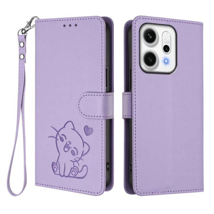 For OPPO Reno14 Pro 5G Embossed Heart Cat Leather Phone Case with Hand Strap