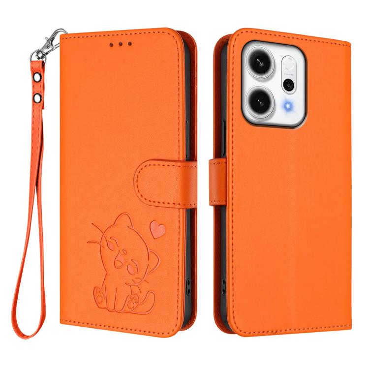For OPPO Reno14 Pro 5G Embossed Heart Cat Leather Phone Case with Hand Strap