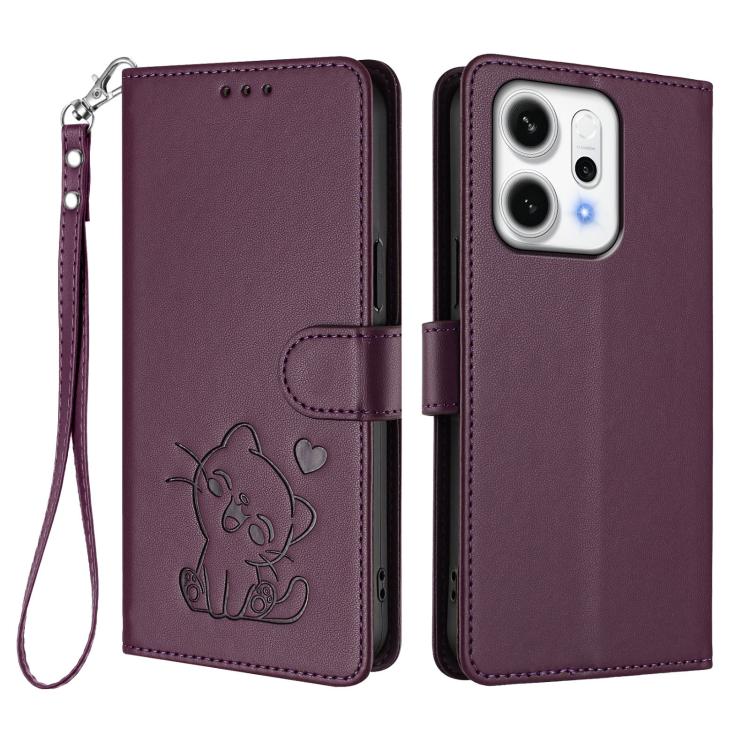 For OPPO Reno14 Pro 5G Embossed Heart Cat Leather Phone Case with Hand Strap