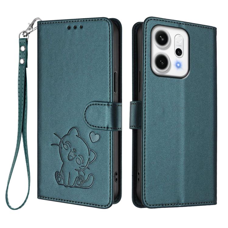 For OPPO Reno14 Pro 5G Embossed Heart Cat Leather Phone Case with Hand Strap