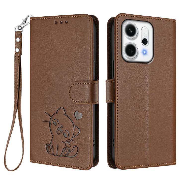 For OPPO Reno14 Pro 5G Embossed Heart Cat Leather Phone Case with Hand Strap