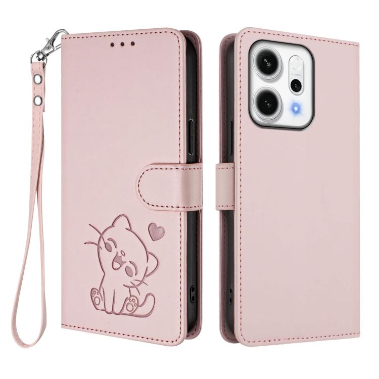 For OPPO Reno14 F 5G / Reno14 5G Embossed Heart Cat Leather Phone Case with Hand Strap