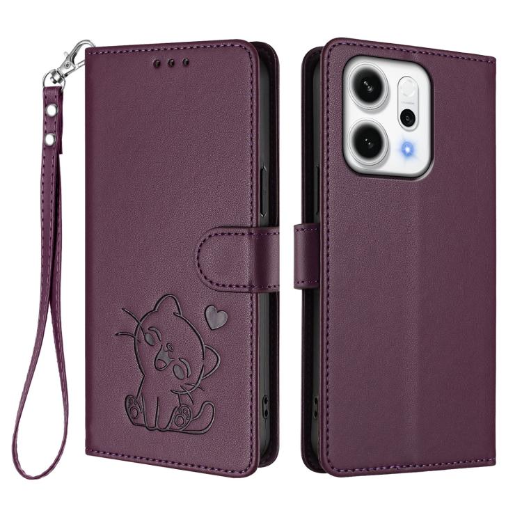 For OPPO Reno14 F 5G / Reno14 5G Embossed Heart Cat Leather Phone Case with Hand Strap