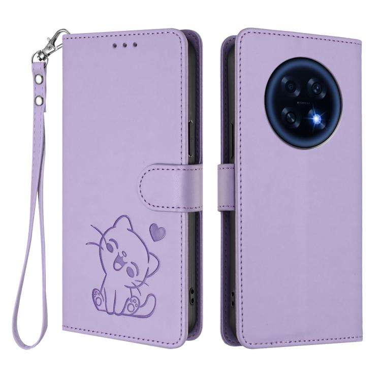 For OPPO A6 GT 5G Embossed Heart Cat Leather Phone Case with Hand Strap