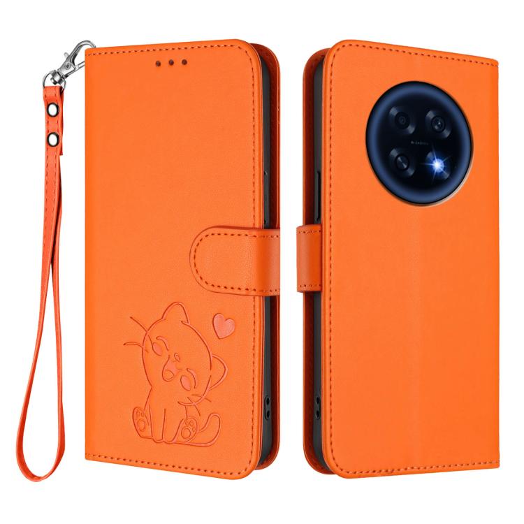 For OPPO A6 GT 5G Embossed Heart Cat Leather Phone Case with Hand Strap